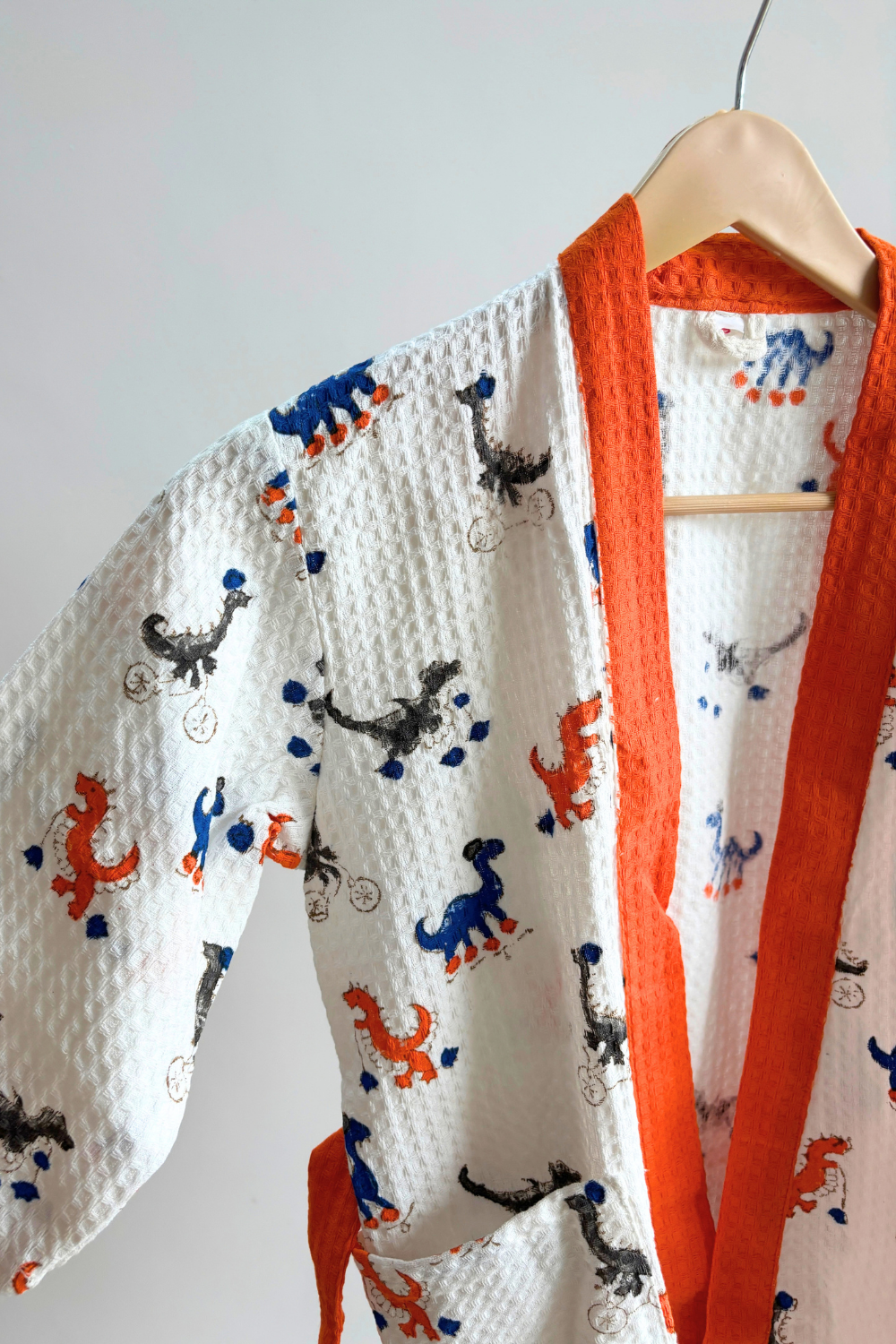Dino Dash Handblock Printed Waffle Cotton Kids Bathrobe