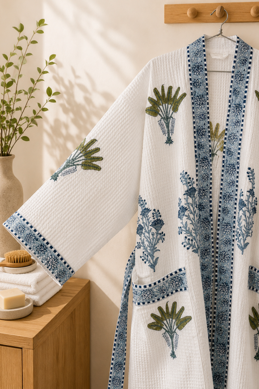 Palm & Indigo Muse Hand Block Printed Waffle Cotton Bathrobe