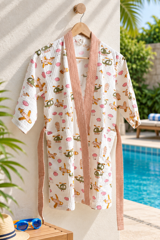 Little Aviators Handblock Printed Waffle Cotton Kids Bathrobe
