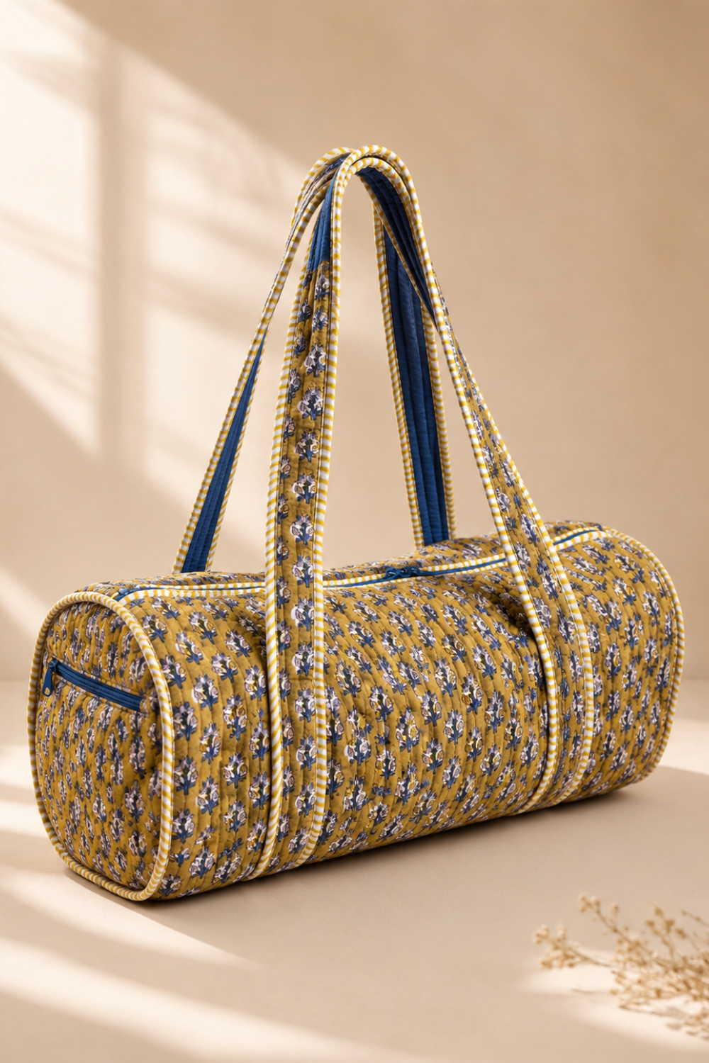 Marigold Trail Quilted Handblock Printed Cotton Duffle Bag