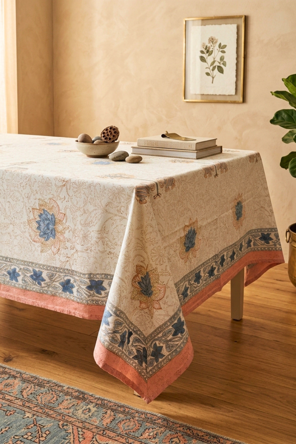 Pastel Bloom Handblock Printed Cotton Canvas Table Cloth - 6 Seater