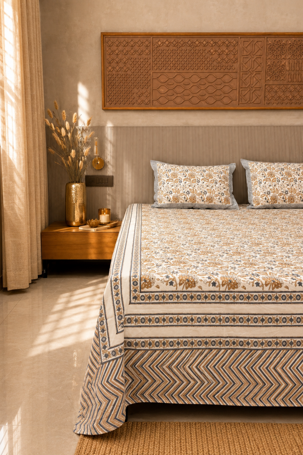 Ochre Garden Handblock Printed Cotton Bedsheet