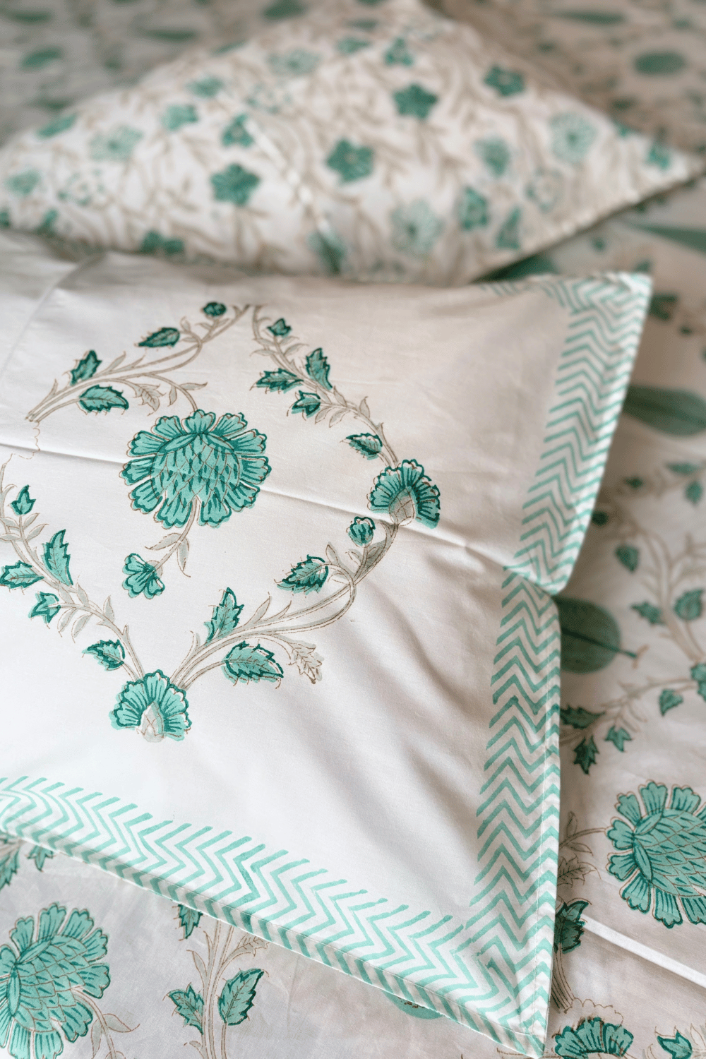 Aqua Floral Handblock Printed Percale Cotton Bedsheet
