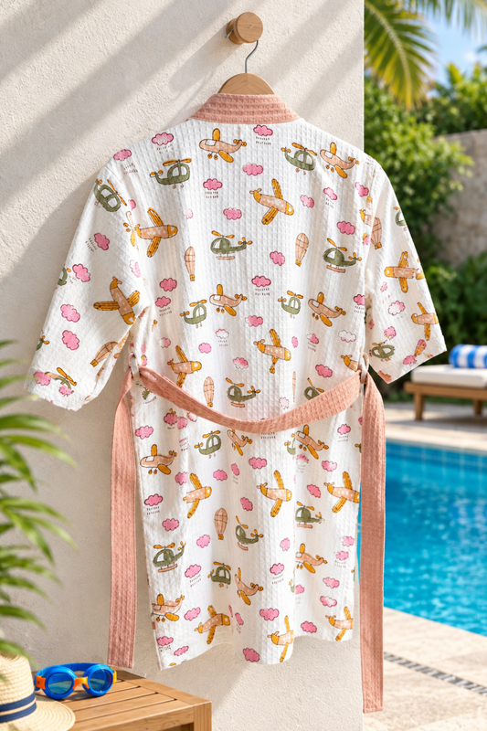 Little Aviators Handblock Printed Waffle Cotton Kids Bathrobe
