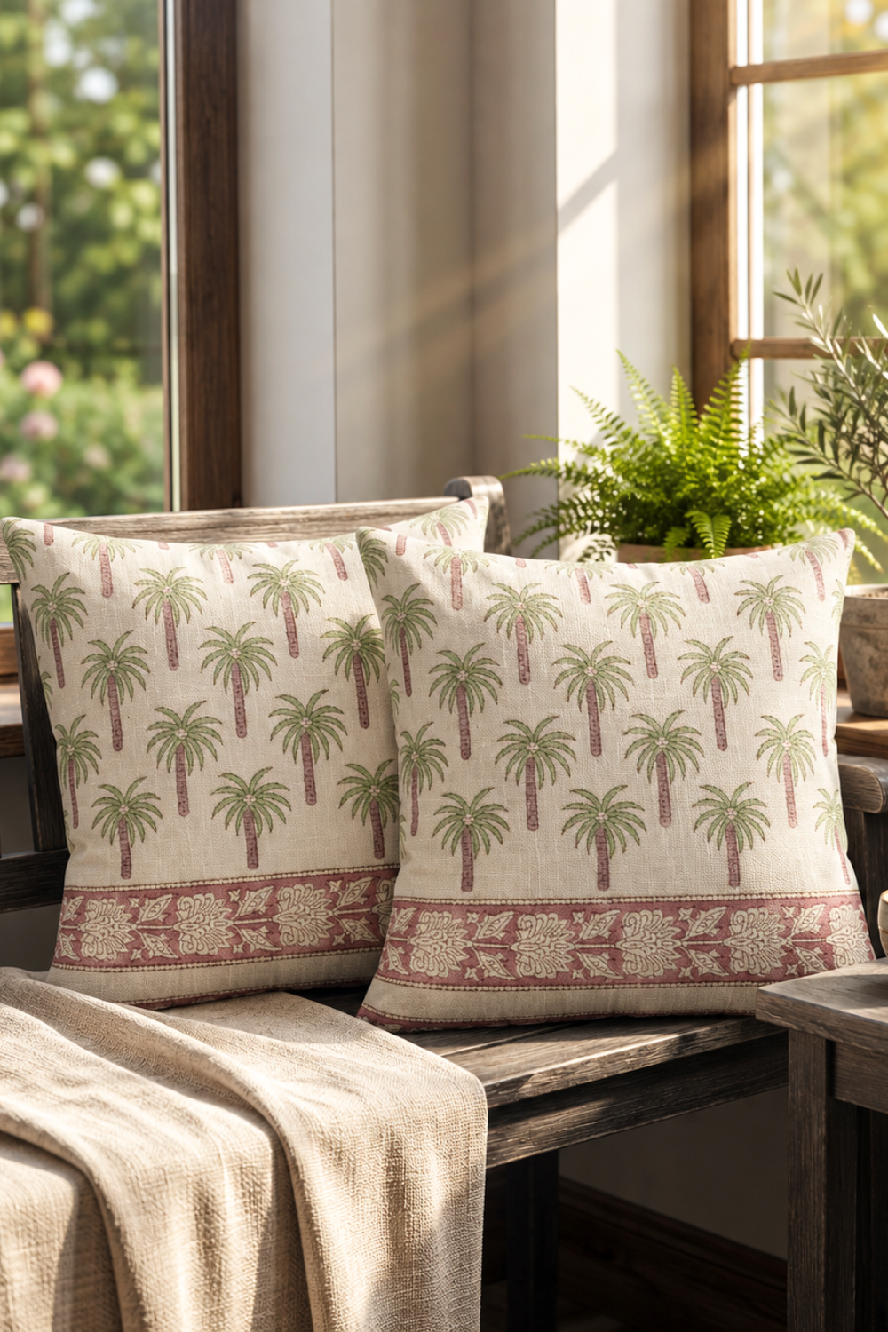 Mauve Palms Hand Block Printed Slub Cotton Cushion Cover- Set of 2