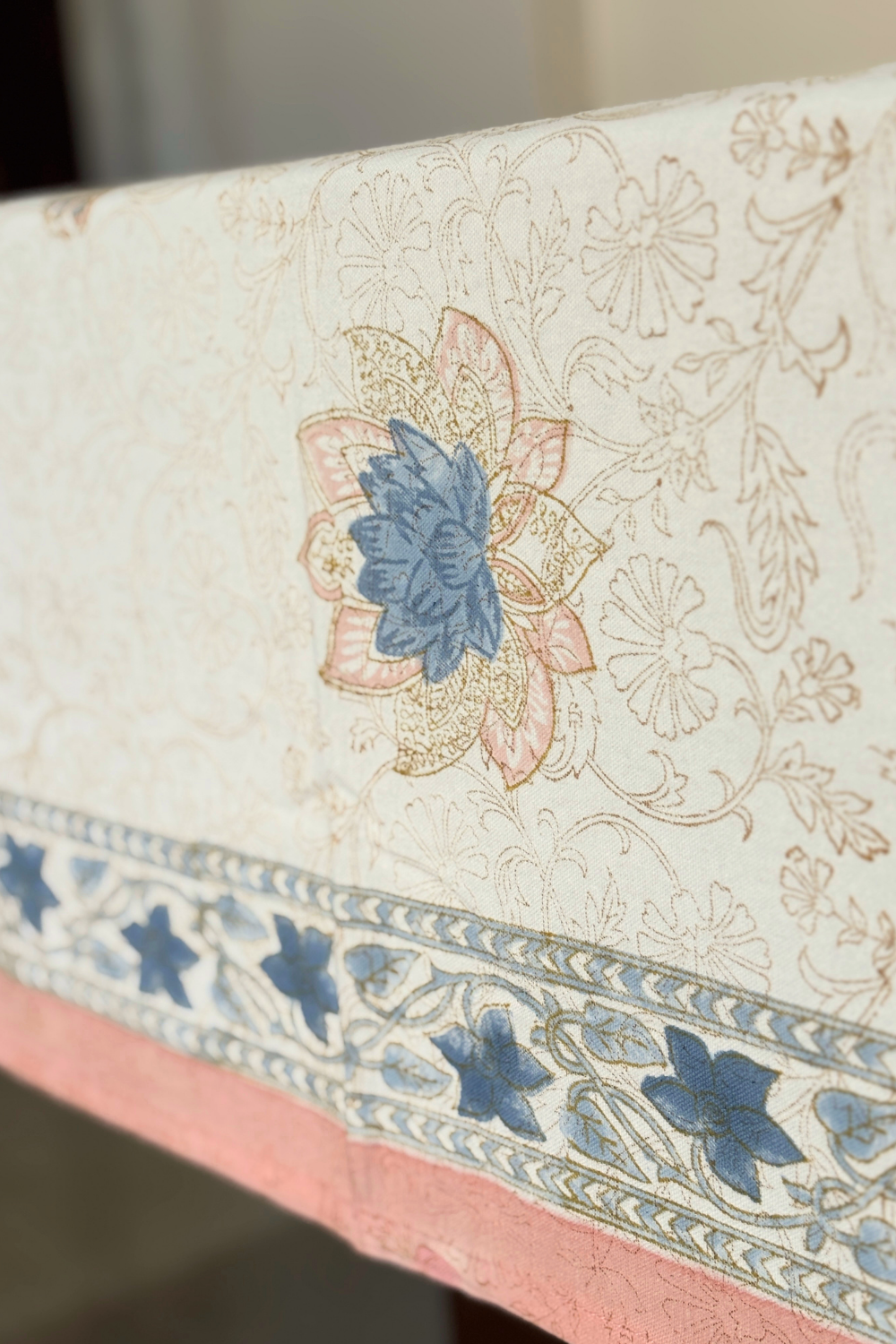 Pastel Bloom Handblock Printed Cotton Canvas Table Cloth - 6 Seater