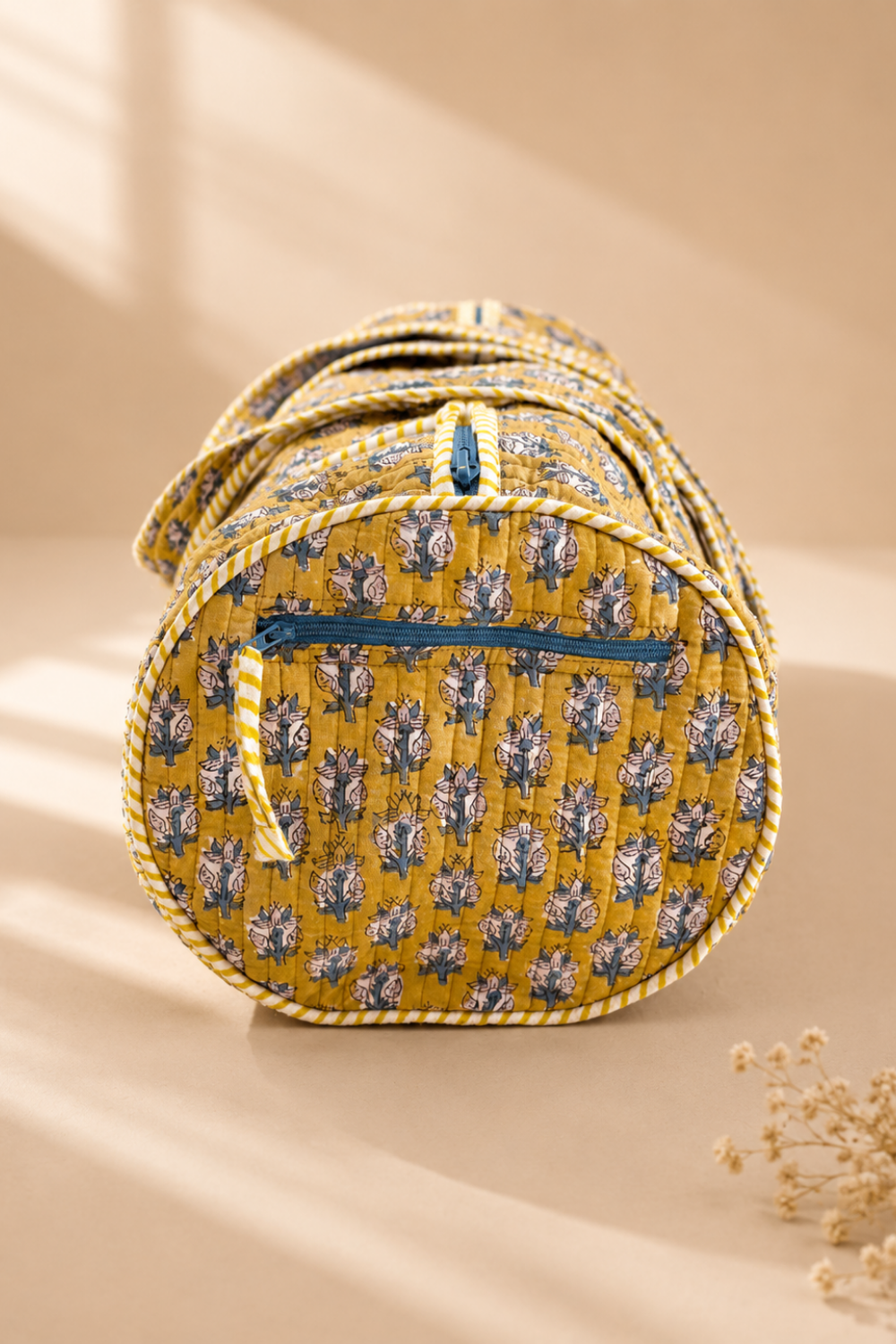 Marigold Trail Quilted Handblock Printed Cotton Duffle Bag