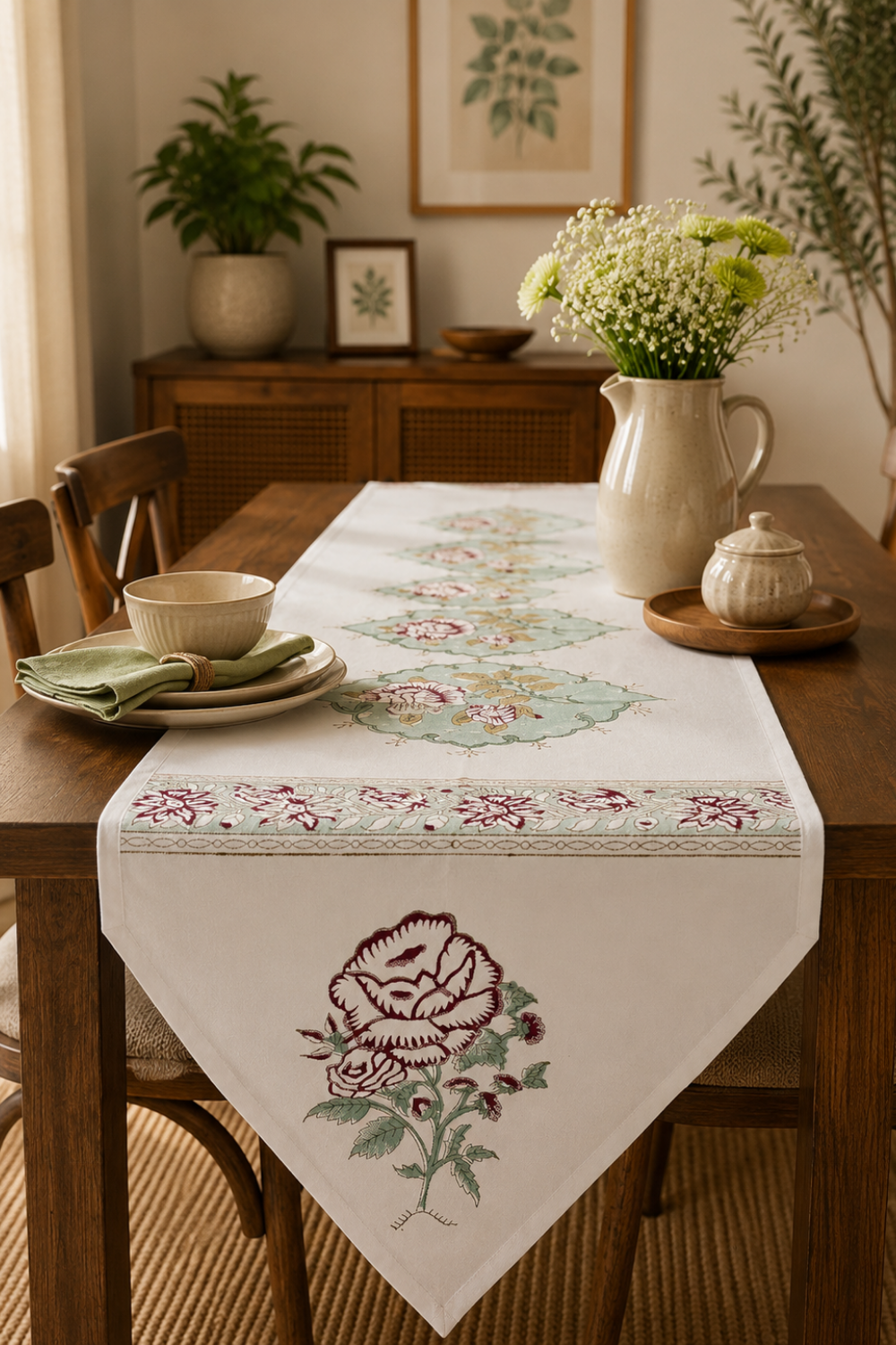 Mint Flora Handblock Printed Cotton Canvas Table Runner