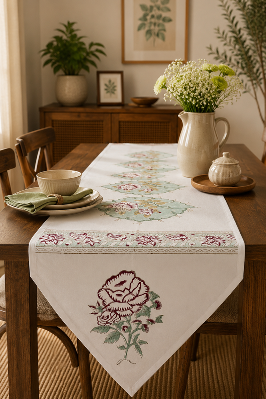 Mint Flora Handblock Printed Cotton Canvas Table Runner