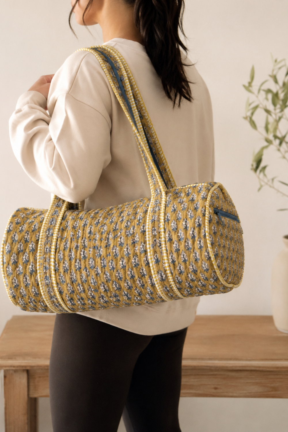 Marigold Trail Quilted Handblock Printed Cotton Duffle Bag