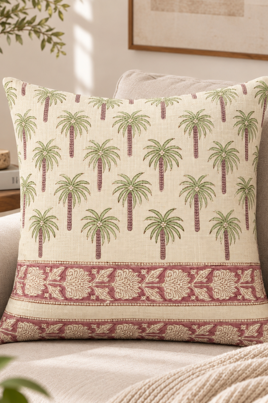 Mauve Palms Hand Block Printed Slub Cotton Cushion Cover- Set of 2