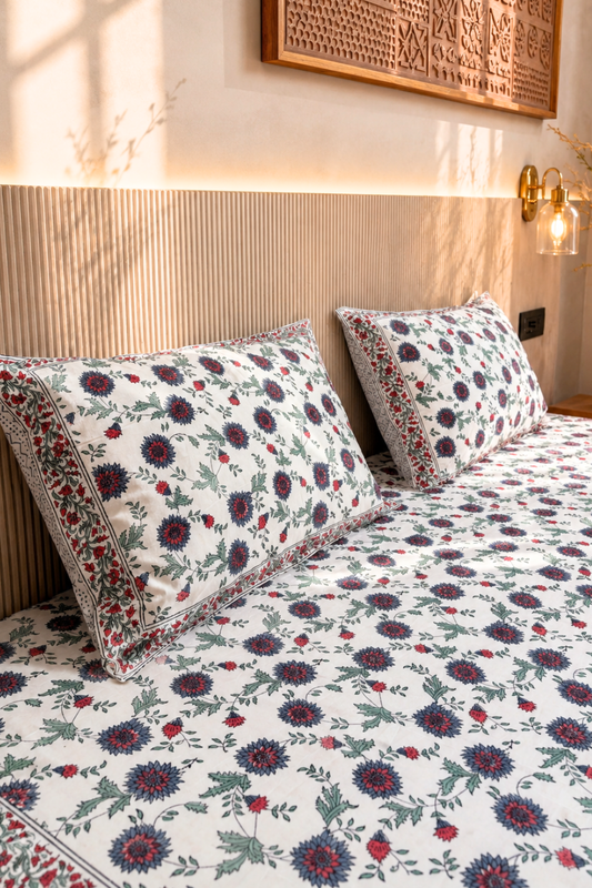 Indigo Dahlia Handblock Printed Cotton Bedsheet