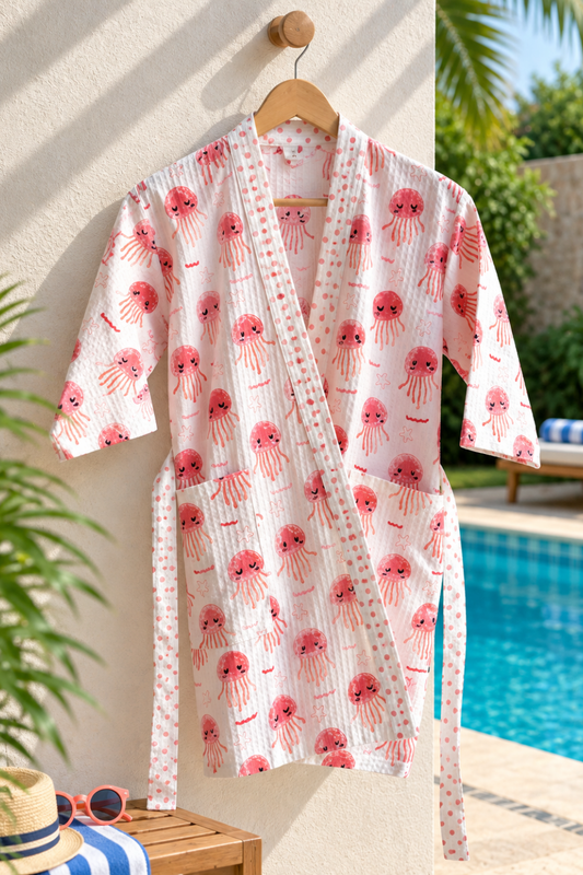 Jelly Splash Handblock Printed Waffle Cotton Kids Bathrobe