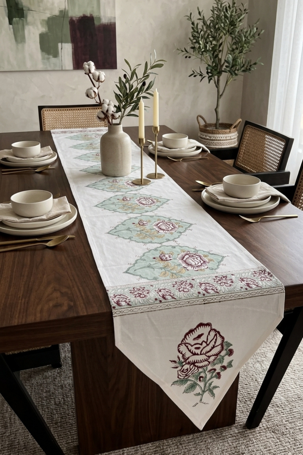 Mint Flora Handblock Printed Cotton Canvas Table Runner