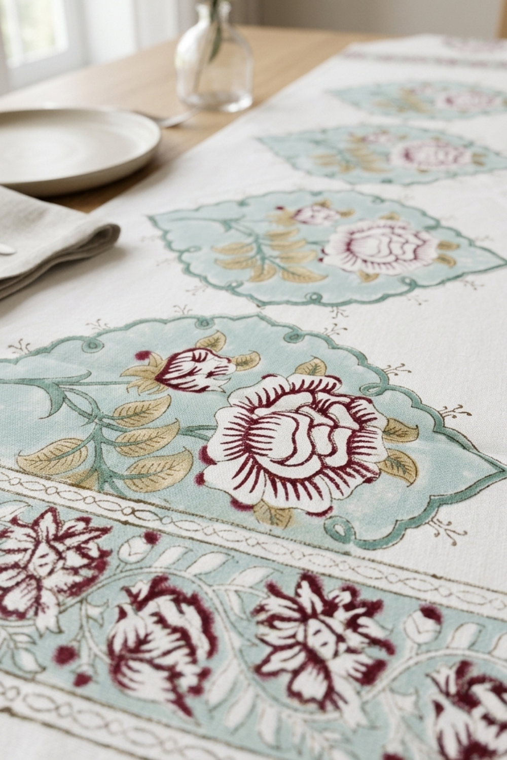 Mint Flora Handblock Printed Cotton Canvas Table Runner