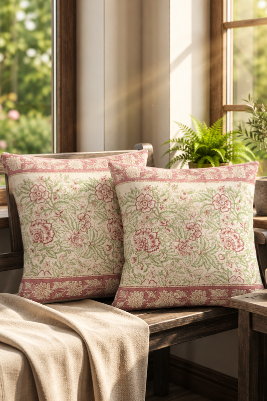 Rosewood Garden Hand Block Printed Slub Cotton Cushion Cover- Set of 2