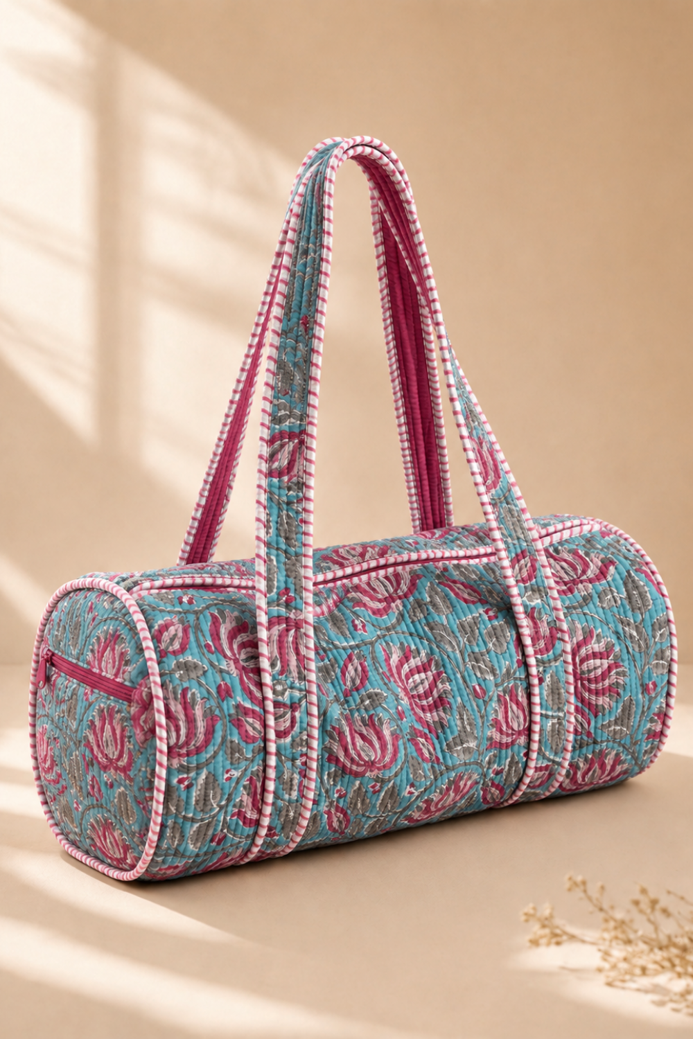 Lotus Lagoon Quilted Handblock Printed Cotton Duffle Bag