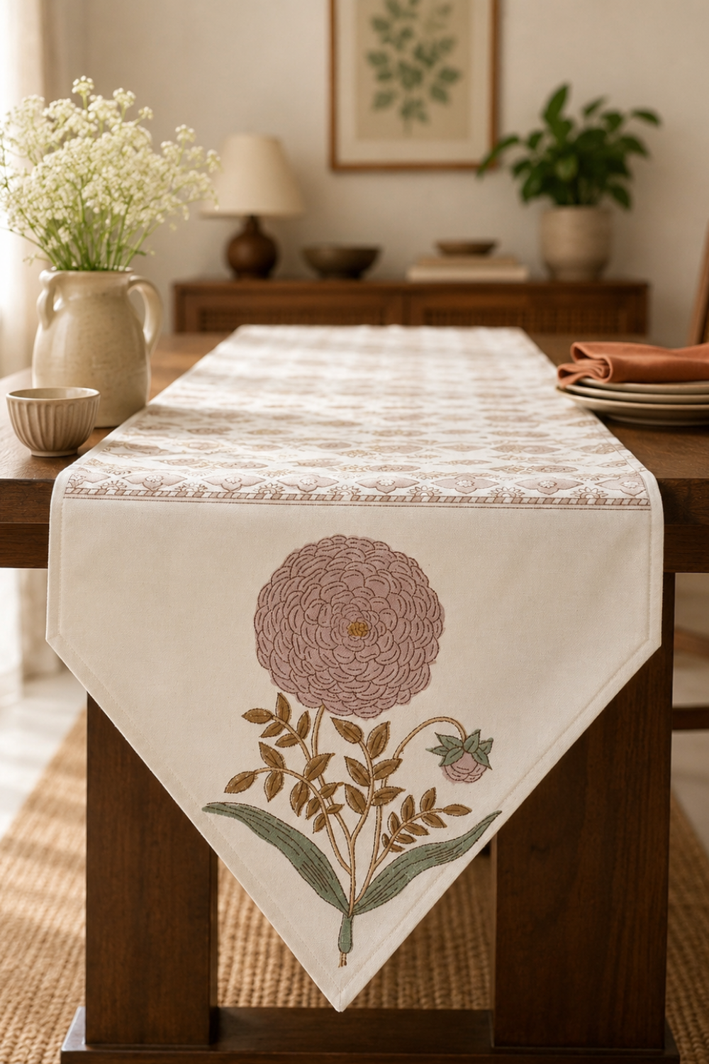 Muted Bloom Handblock Printed Cotton Canvas Table Runner
