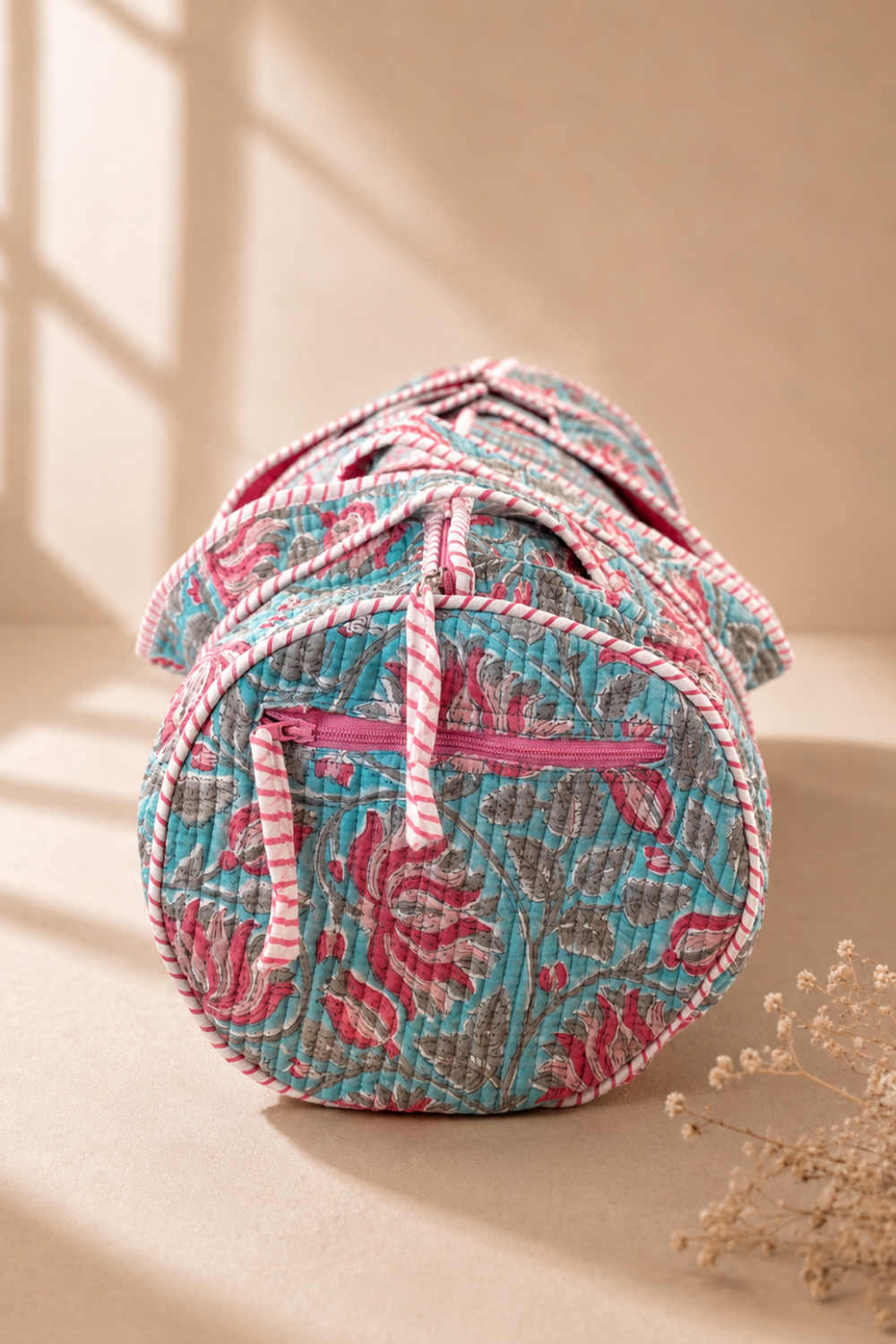 Lotus Lagoon Quilted Handblock Printed Cotton Duffle Bag