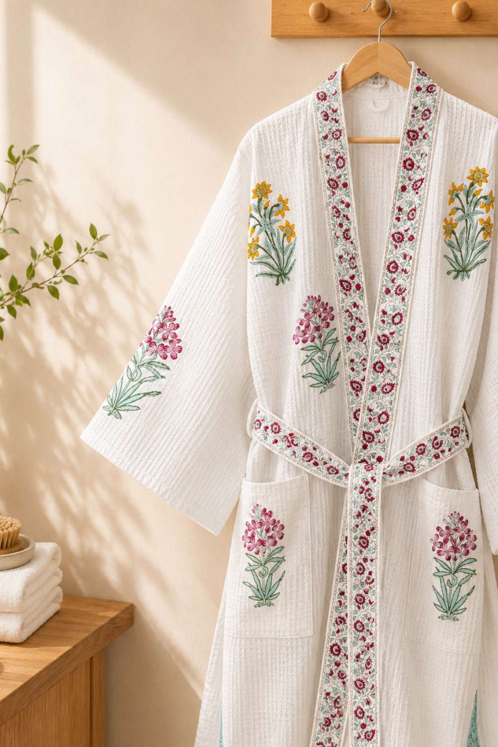 Spring Meadow Handblock Printed Waffle Cotton Bathrobe
