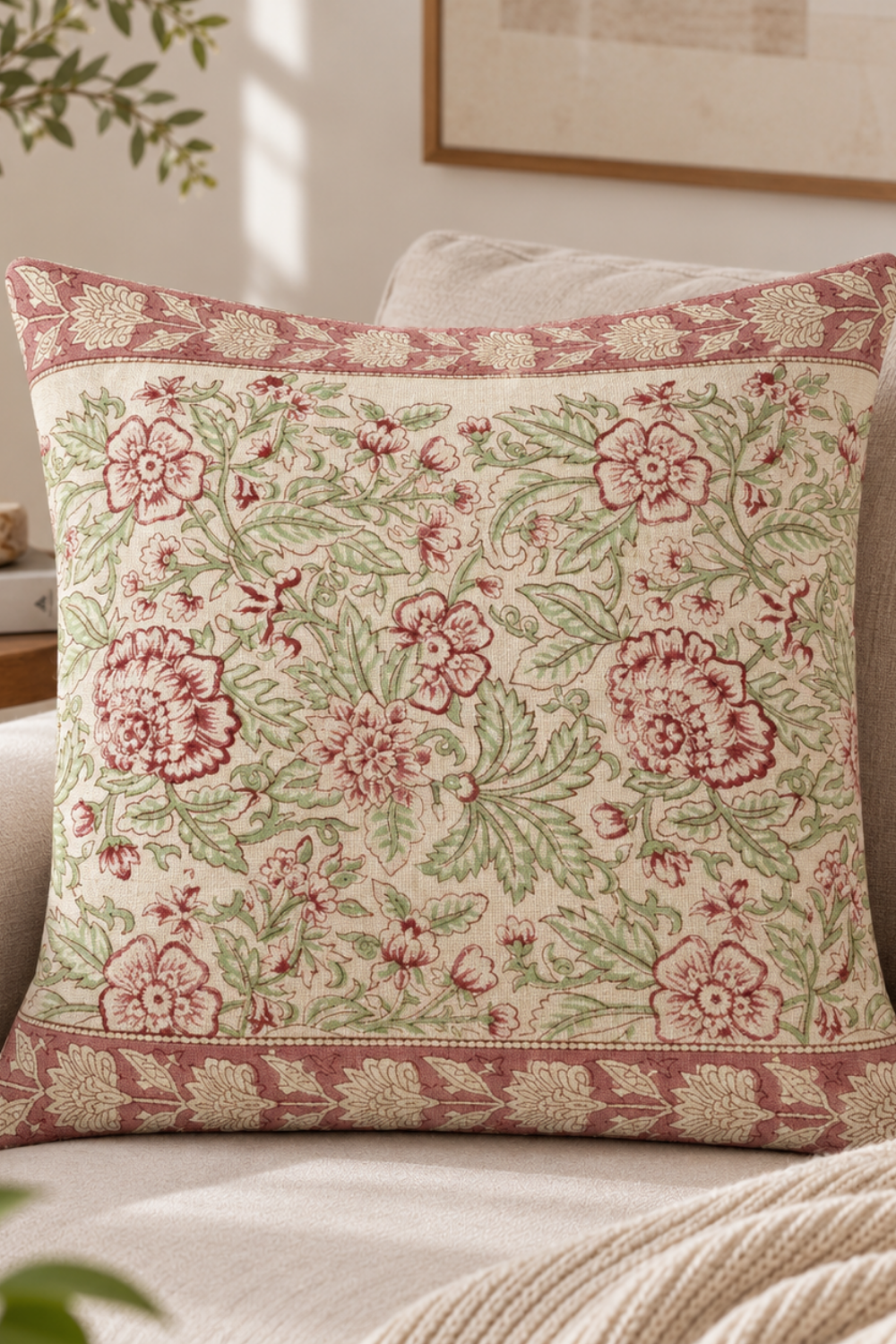 Rosewood Garden Hand Block Printed Slub Cotton Cushion Cover- Set of 2