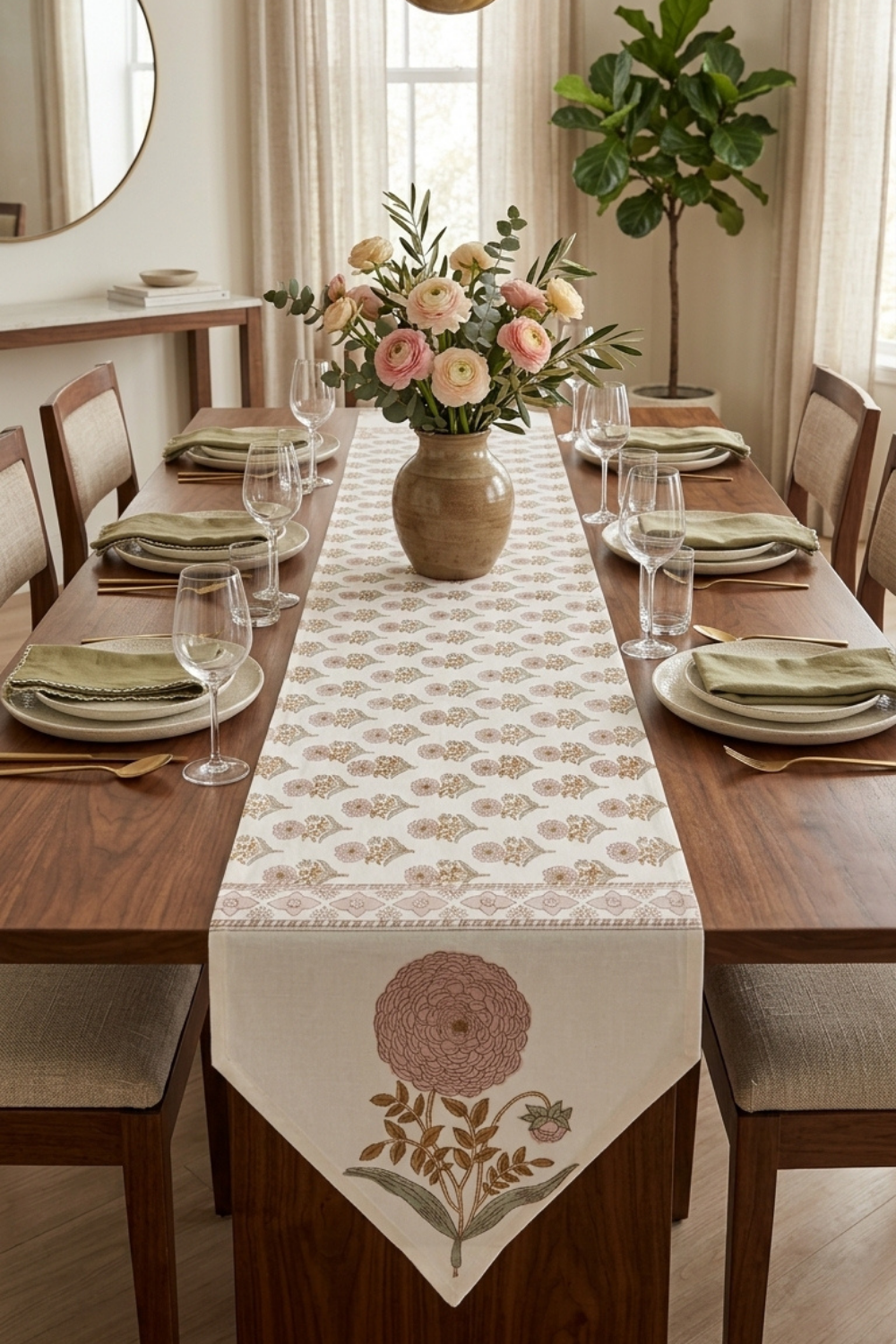 Muted Bloom Handblock Printed Cotton Canvas Table Runner