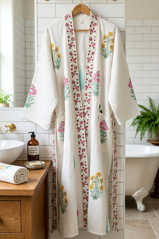 Spring Meadow Handblock Printed Waffle Cotton Bathrobe