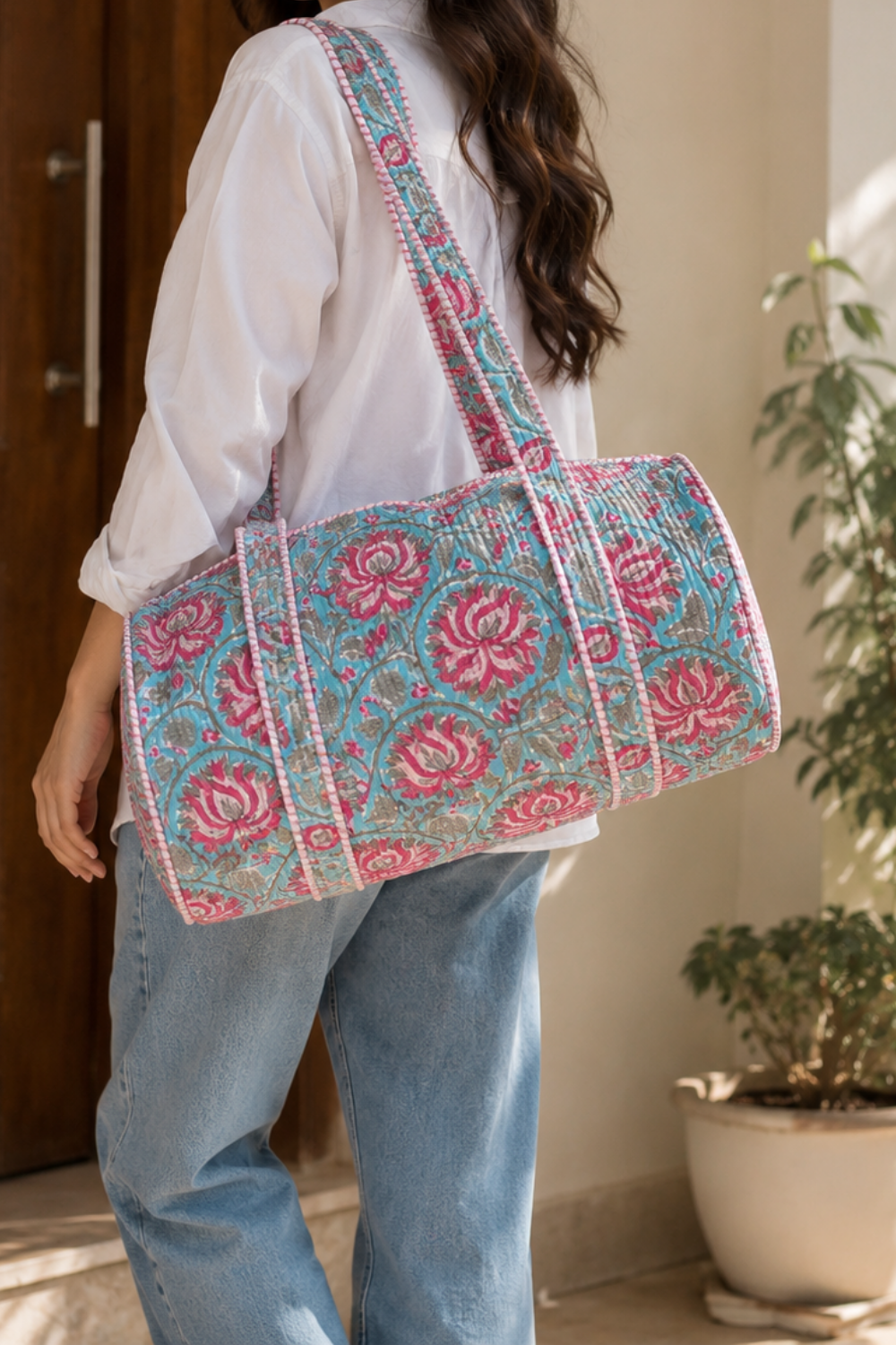 Lotus Lagoon Quilted Handblock Printed Cotton Duffle Bag