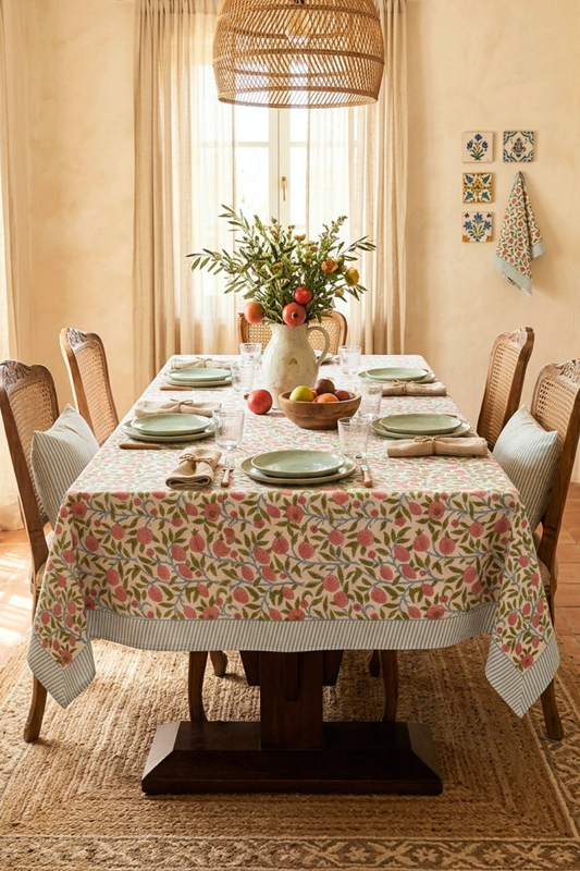 Blush Vine Handblock Printed Cotton Canvas Table Cloth - 6 Seater