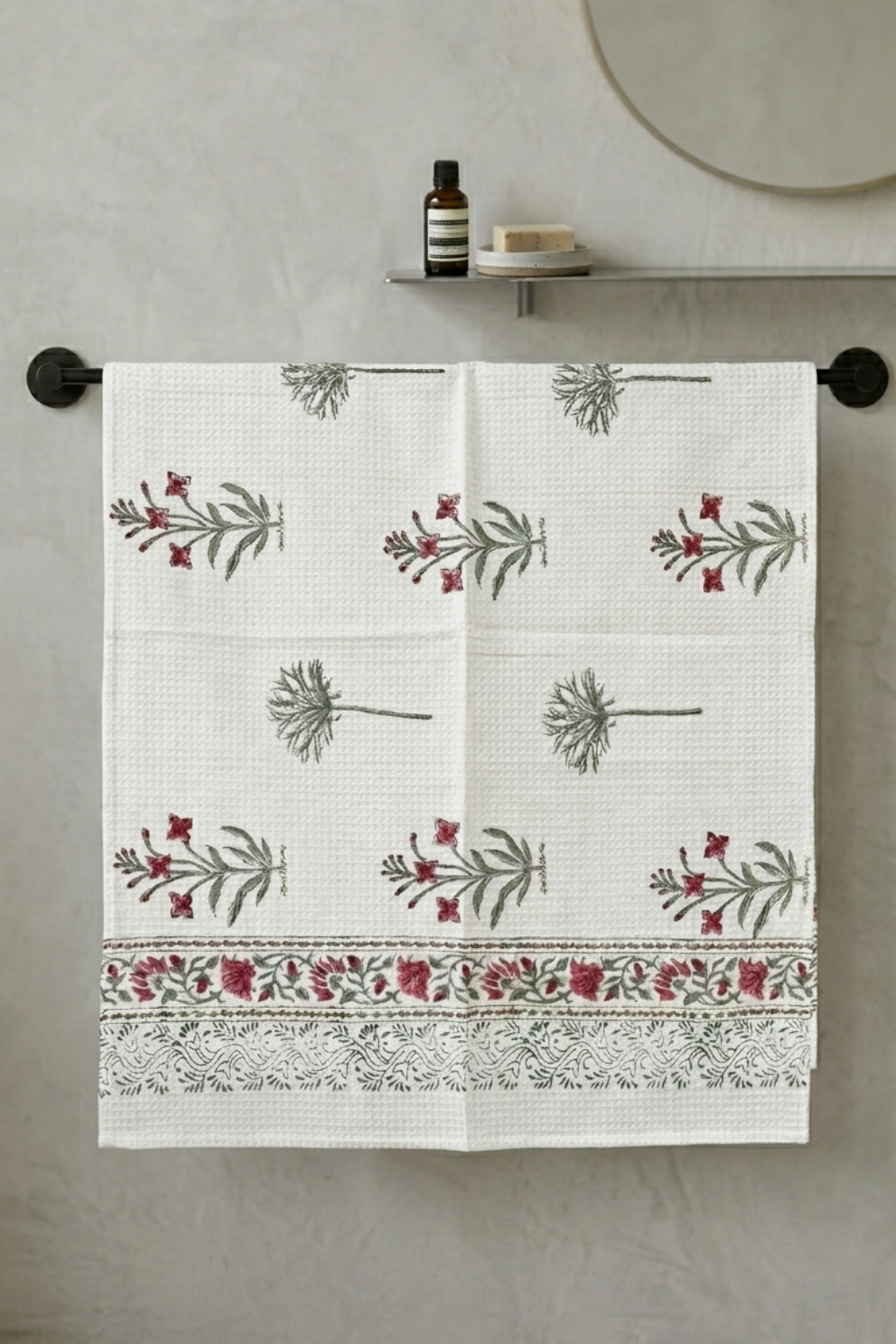 Blush Sprig Handblock Printed Waffle Cotton Bath Towel