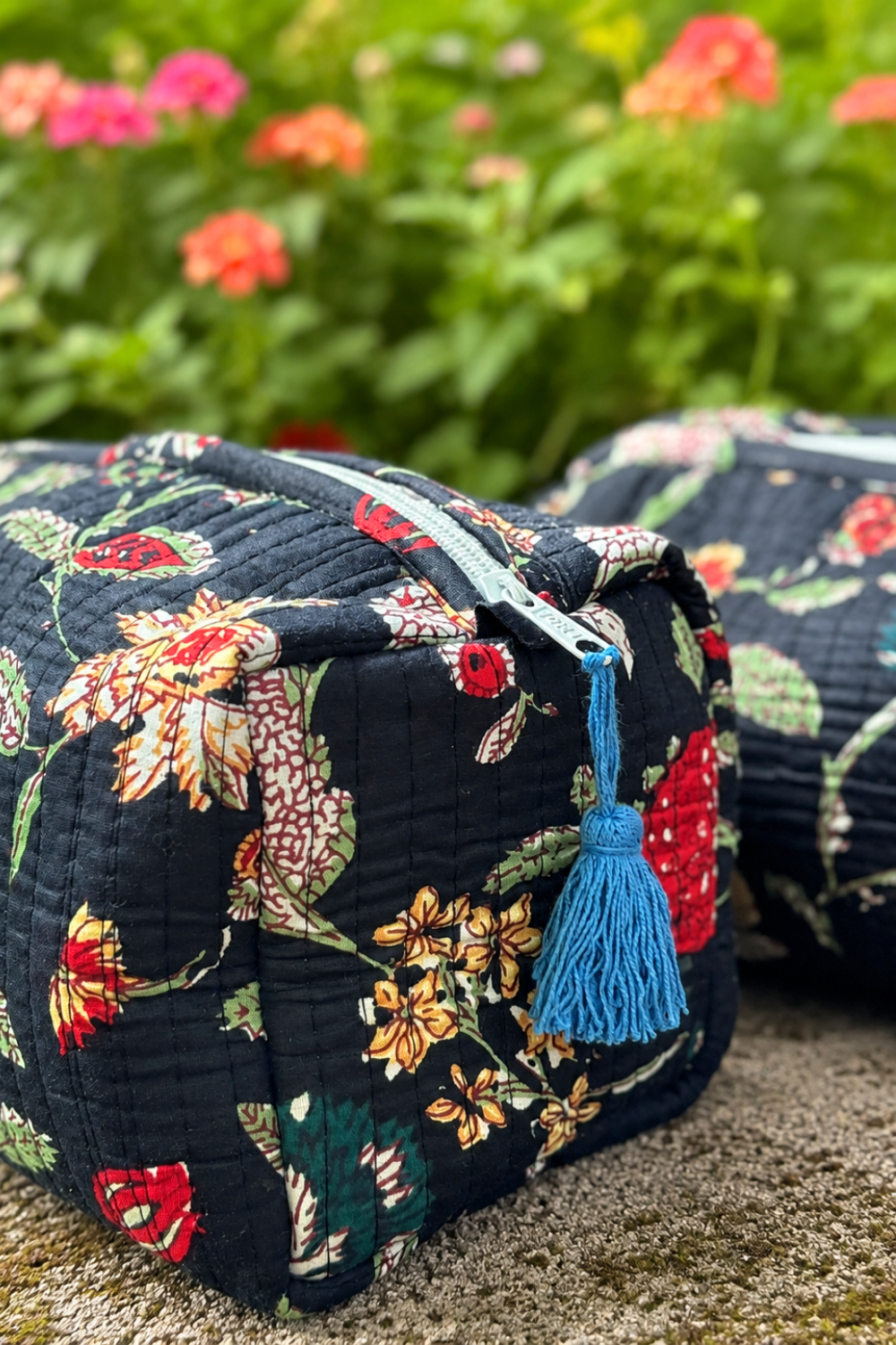 Midnight Floral Quilted Cotton Travel Pouches – Set of 3