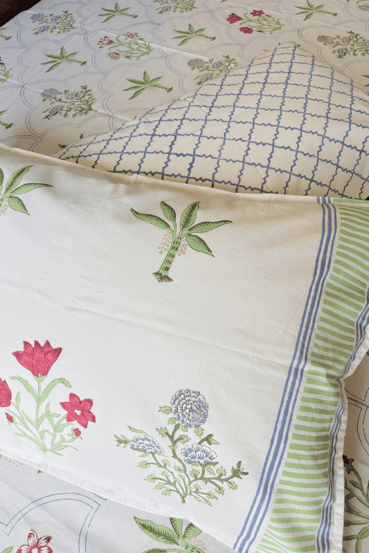 Sage Palm Handblock Printed Percale Cotton Bedsheet