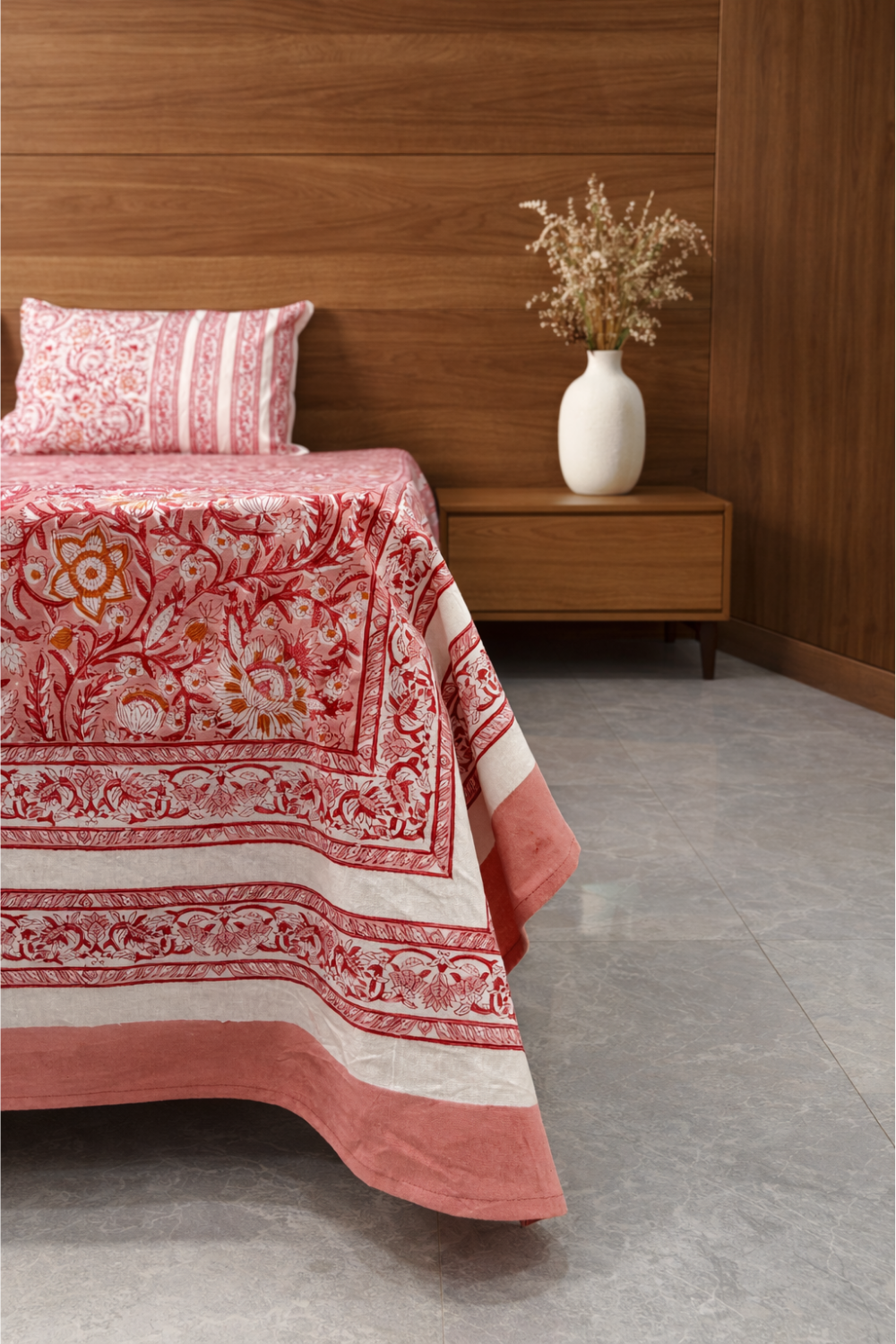 Crimson Botanical Handblock Printed Cotton Bedsheet