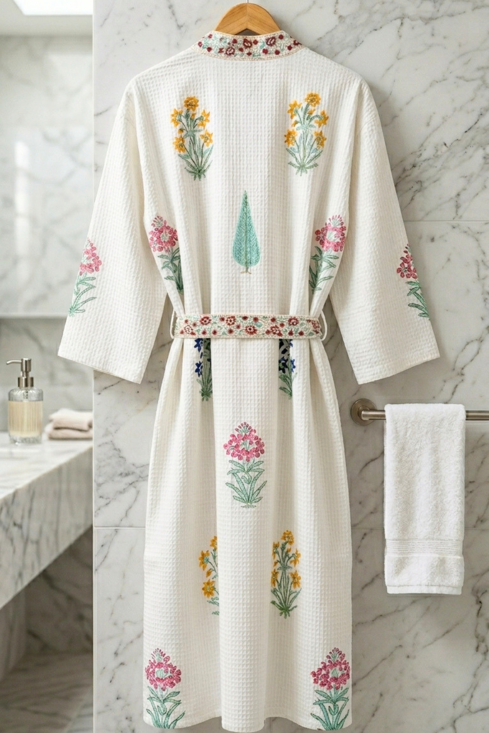 Spring Meadow Handblock Printed Waffle Cotton Bathrobe