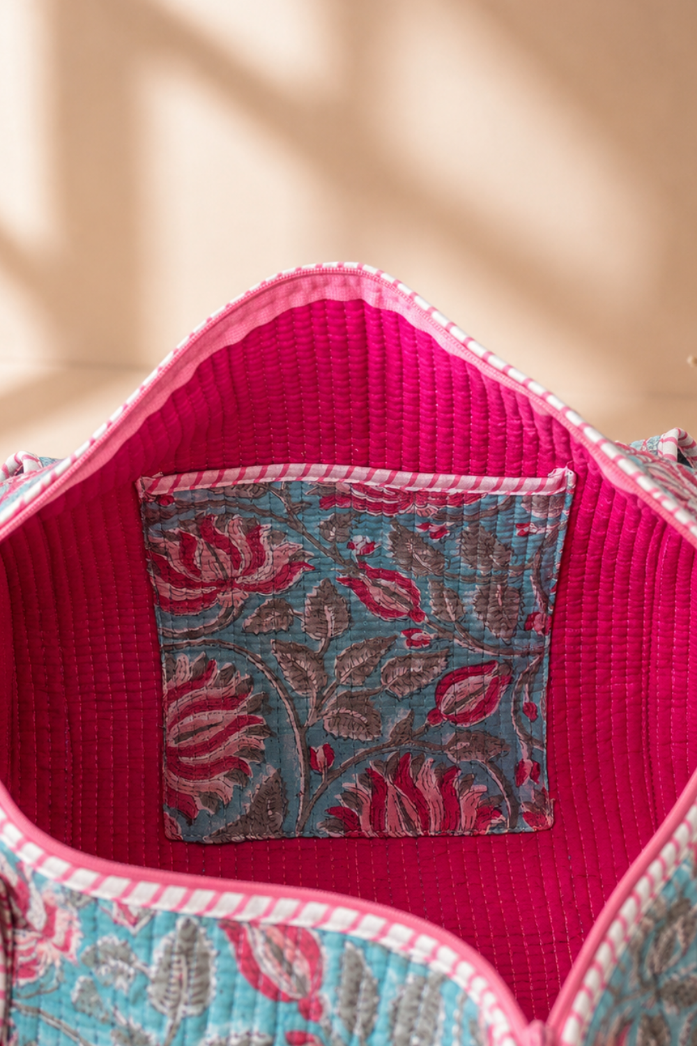 Lotus Lagoon Quilted Handblock Printed Cotton Duffle Bag