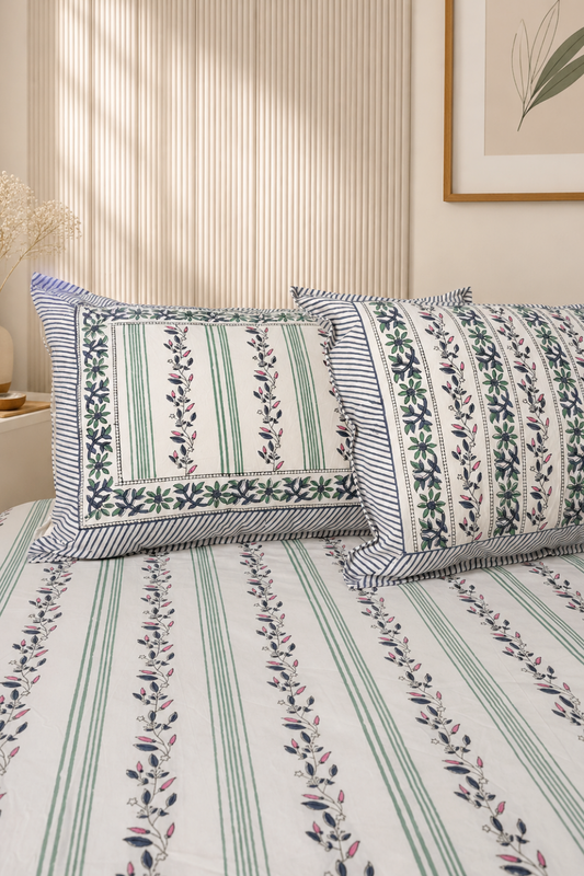 Sage Vine Handblock Printed Cotton Bedsheet
