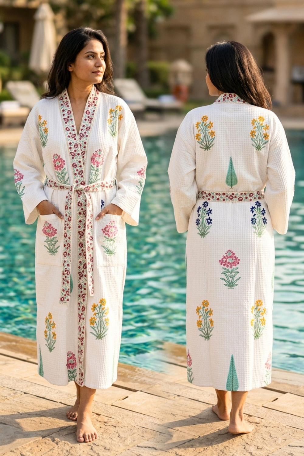 Spring Meadow Handblock Printed Waffle Cotton Bathrobe