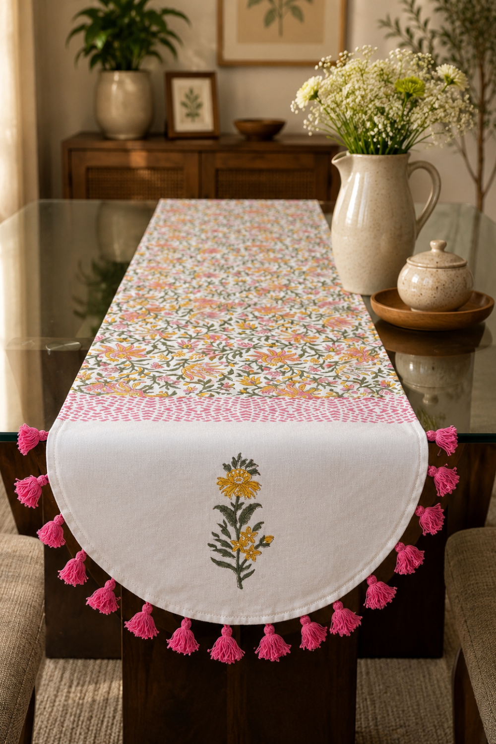 Petal Pop Handblock Printed Cotton Canvas Table Runner