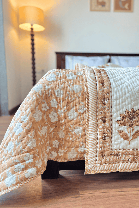 Apricot Bloom Handblock Printed Reversible Mulmul Cotton Quilt Double