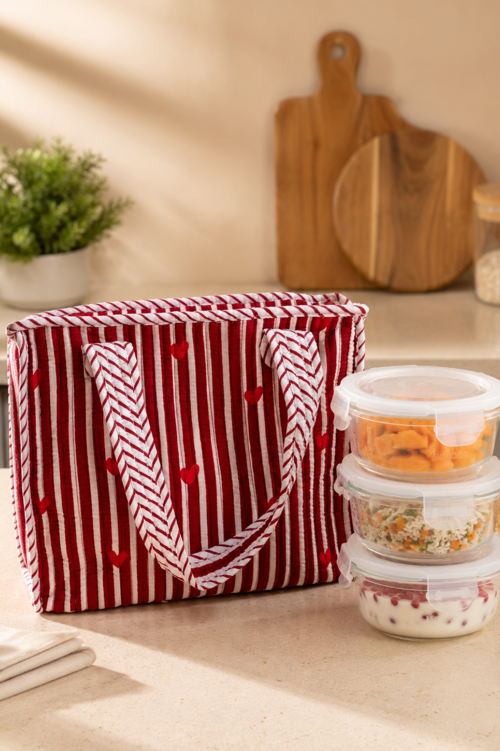 Ruby Hearts Quilted Cotton Lunch Bag
