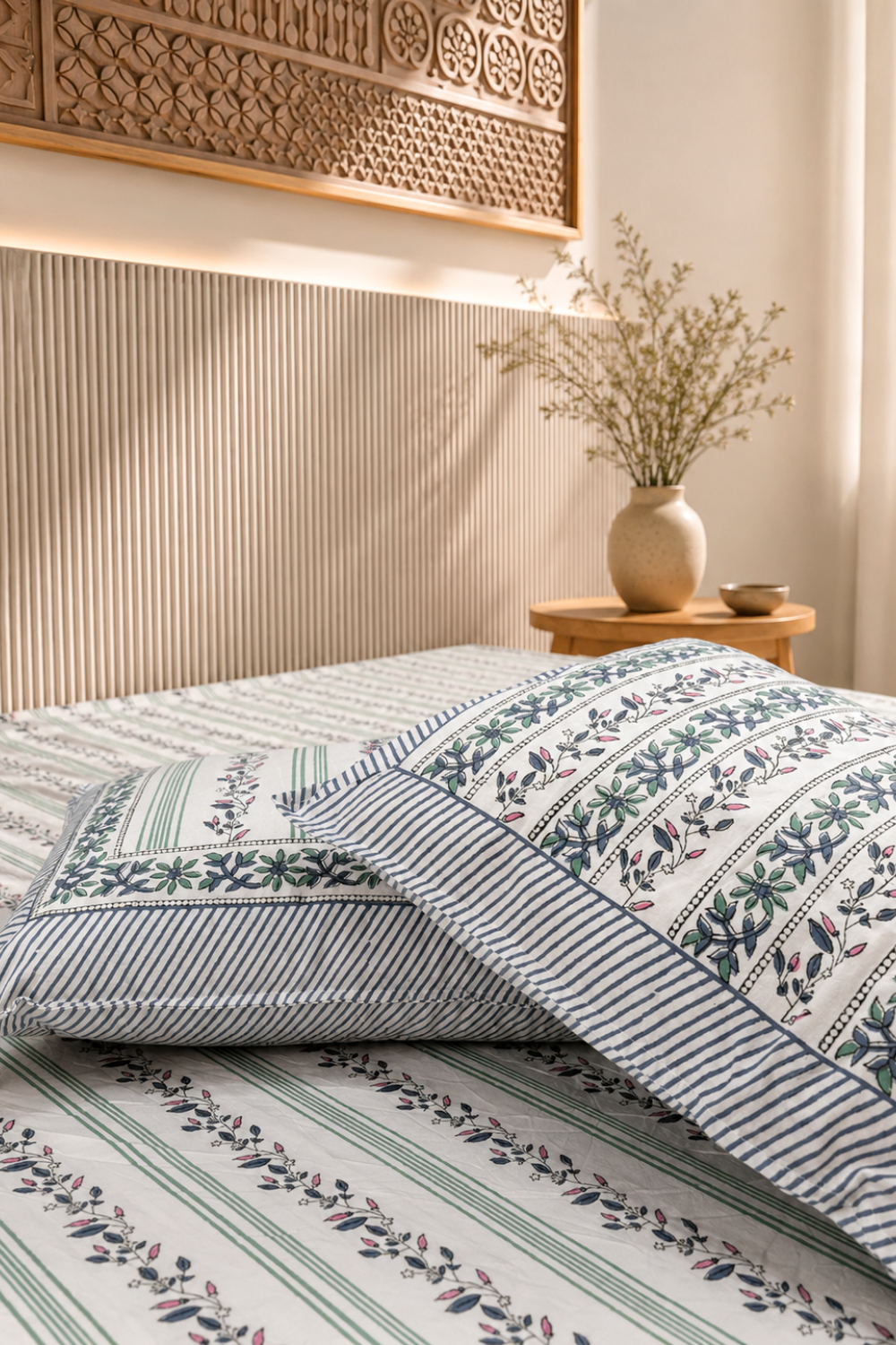 Sage Vine Handblock Printed Cotton Bedsheet