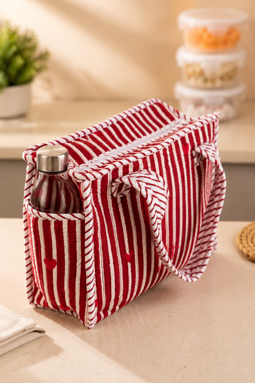 Ruby Hearts Quilted Cotton Lunch Bag
