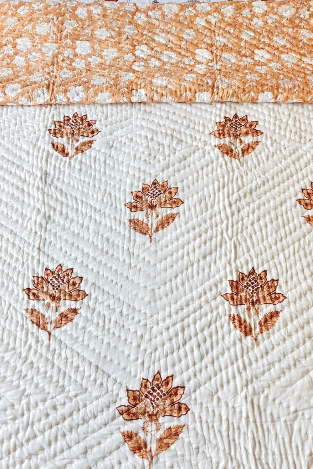 Apricot Bloom Handblock Printed Reversible Mulmul Cotton Quilt Double