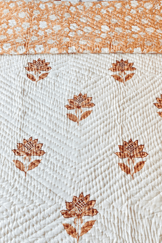 Apricot Bloom Handblock Printed Reversible Mulmul Cotton Quilt Double