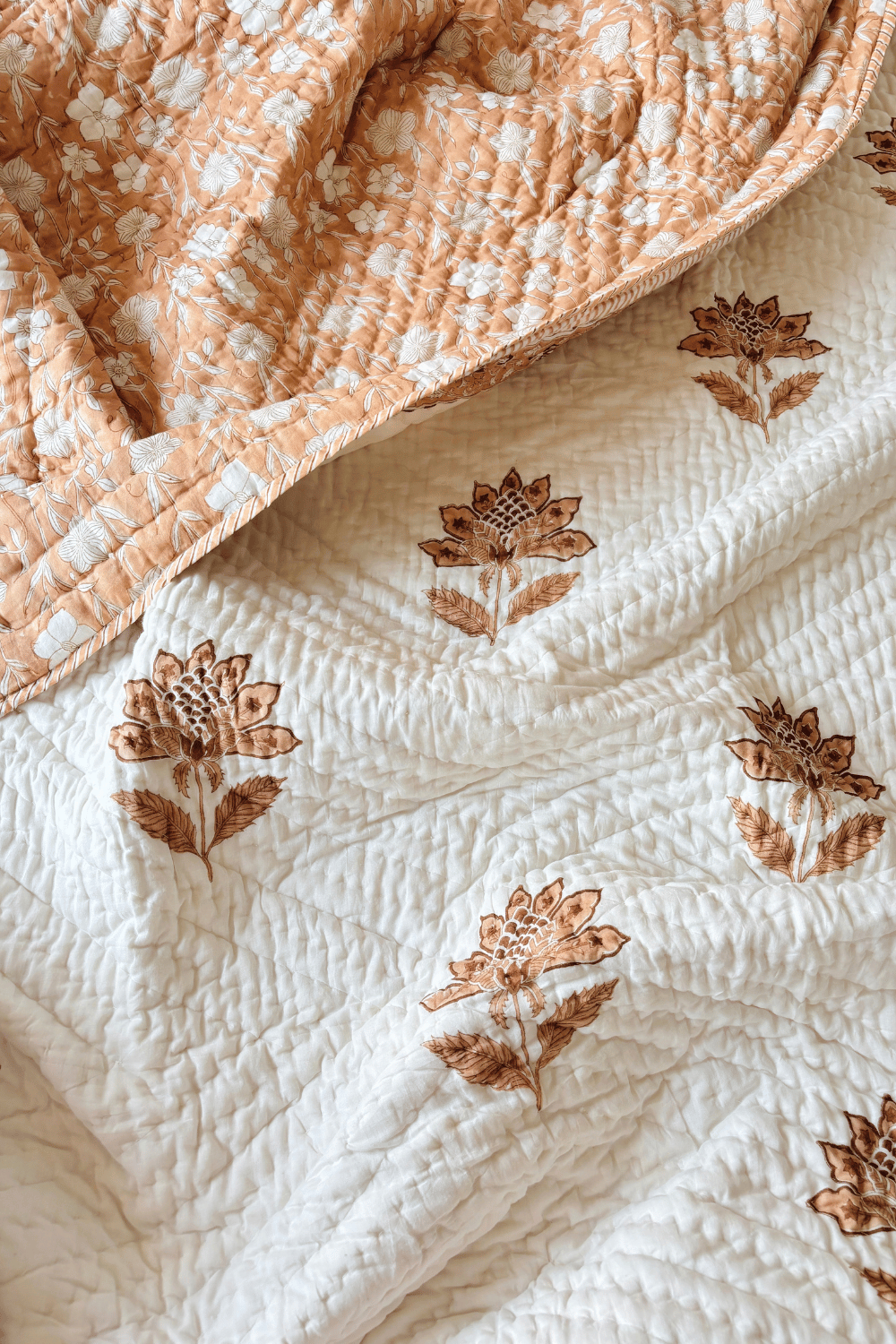 Apricot Bloom Handblock Printed Reversible Mulmul Cotton Quilt Double