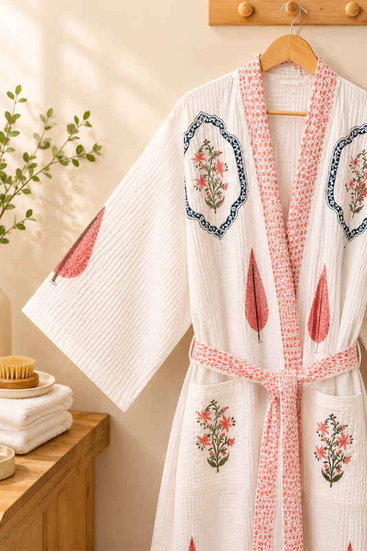 Ivory & Coral Hand Block Printed Waffle Cotton Bathrobe