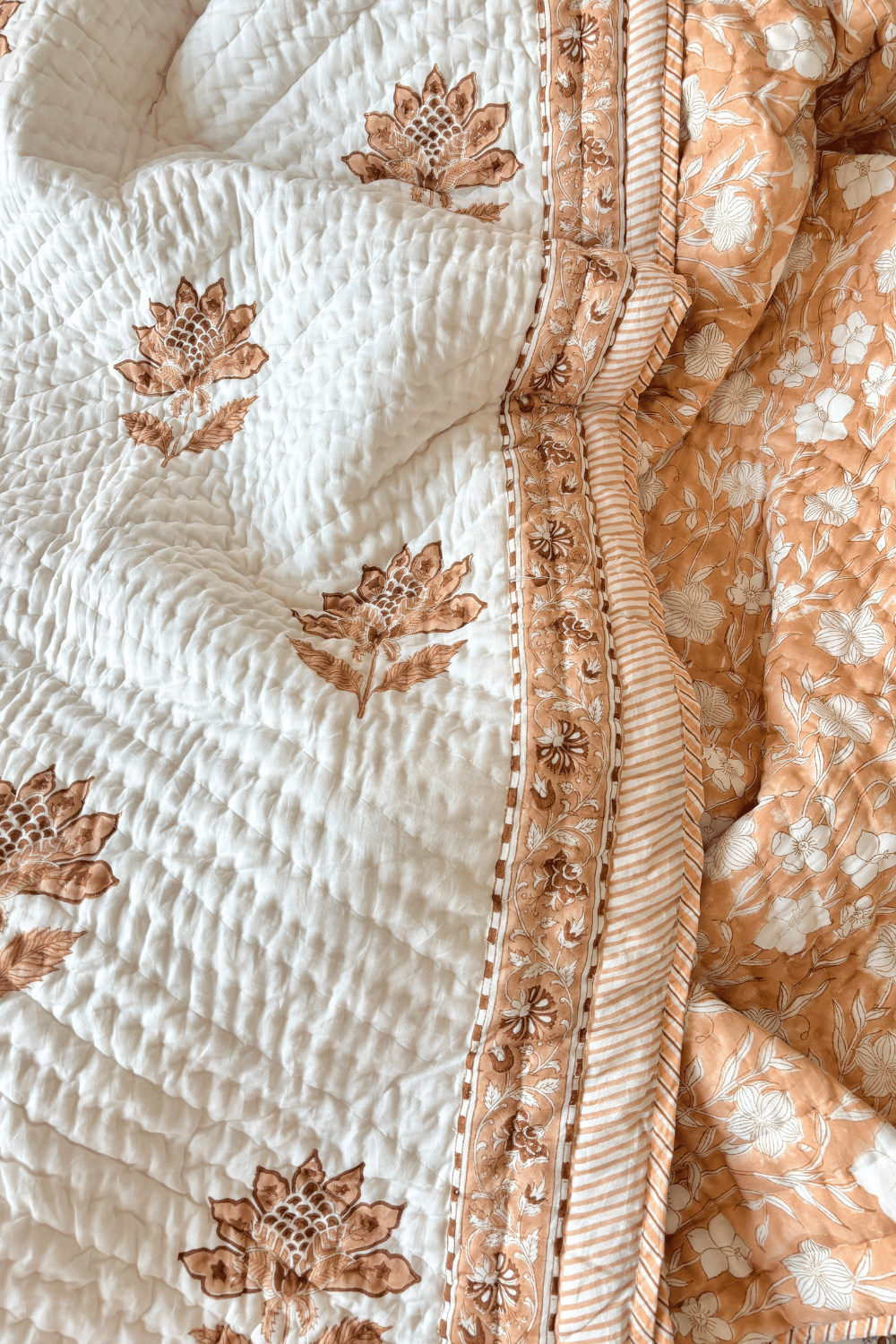 Apricot Bloom Handblock Printed Reversible Mulmul Cotton Quilt Double