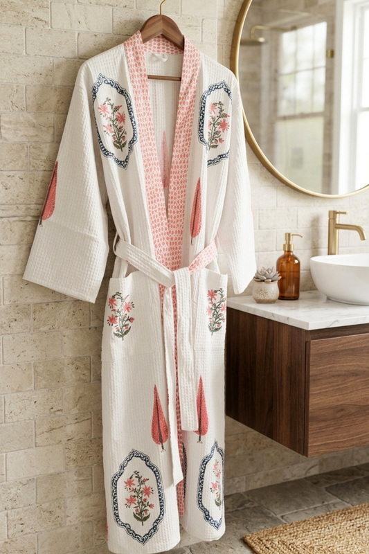 Ivory & Coral Hand Block Printed Waffle Cotton Bathrobe
