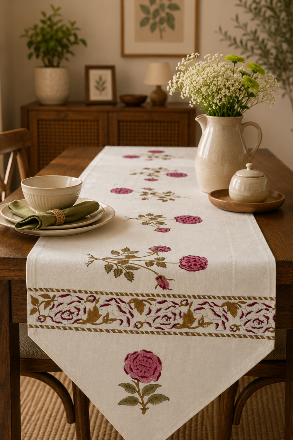 Rosette Charm Handblock Printed Cotton Canvas Table Runner