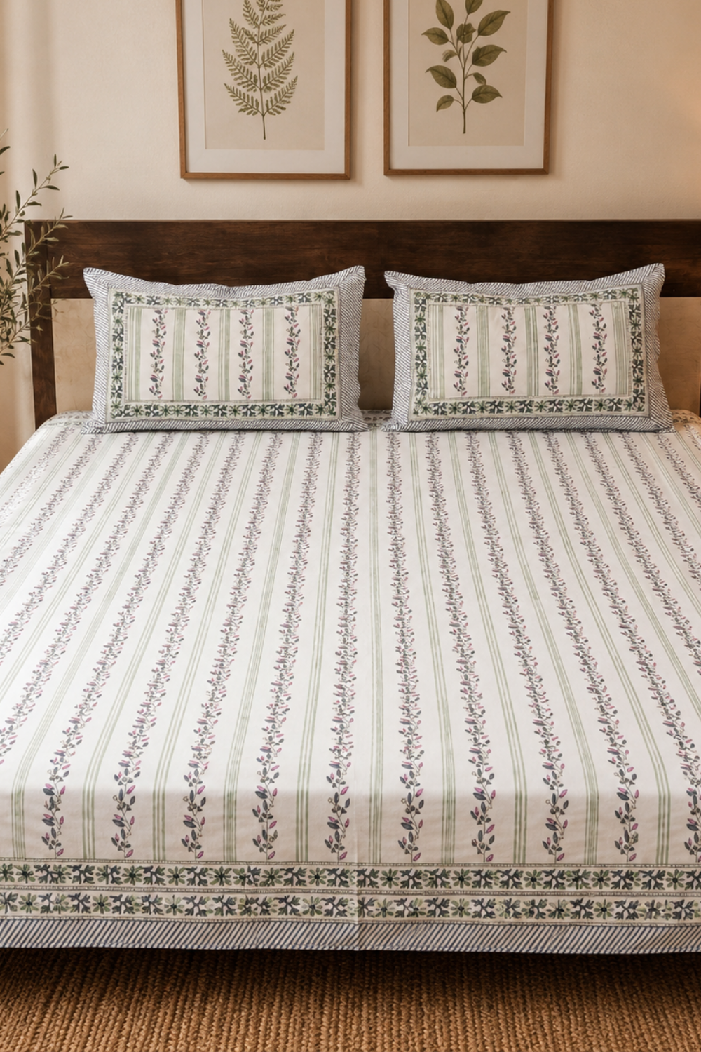 Sage Vine Handblock Printed Cotton Bedsheet